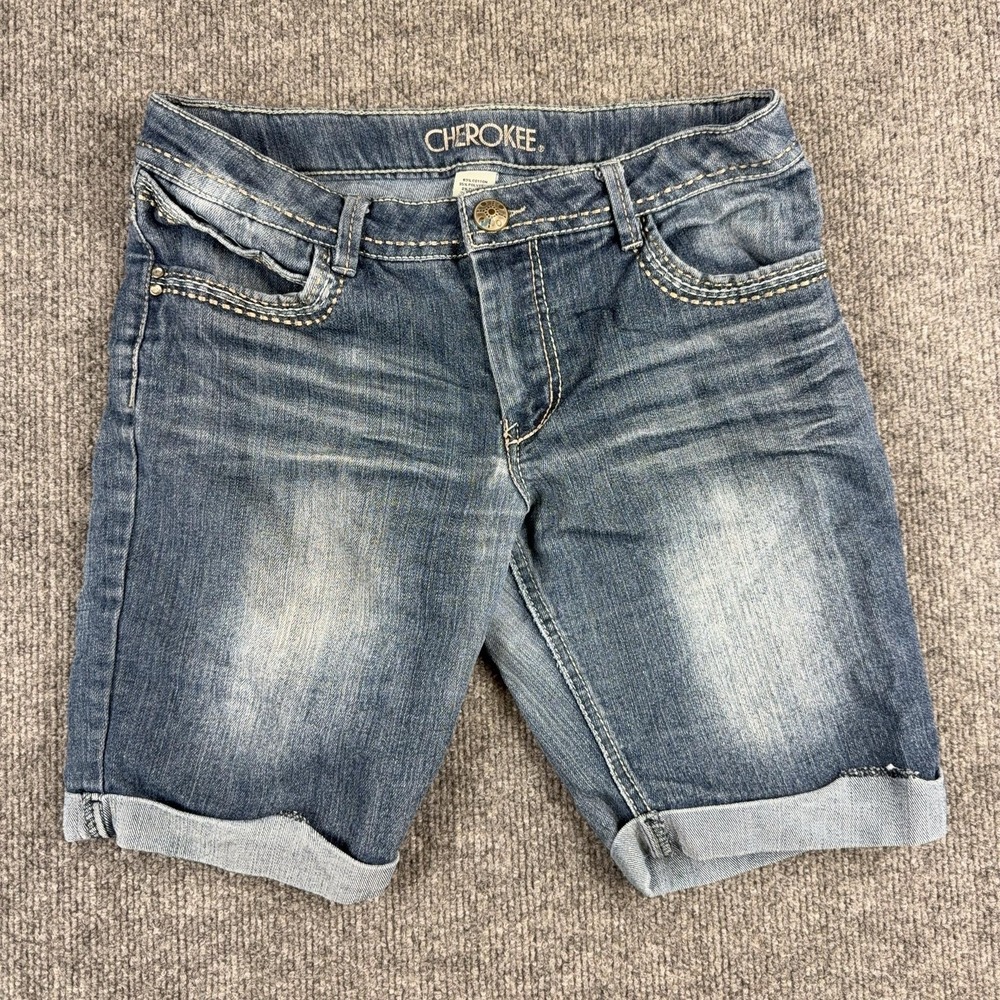 Cherokee Shorts Girls XL Blue Denim Bermuda Cuffed Stretch Zip Fly Casual